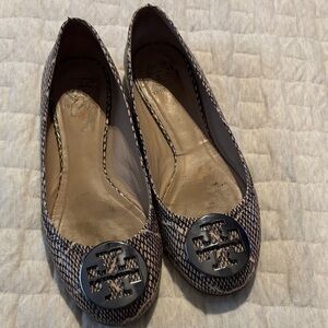 Tory Burch Brown Snakeskin Flats with Silver Emblem